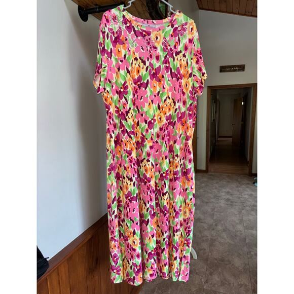 NWT Womens Quacker Factory Pink Hello Spring Floral and Bling Maxi Dress Size 1X - Picture 1 of 11